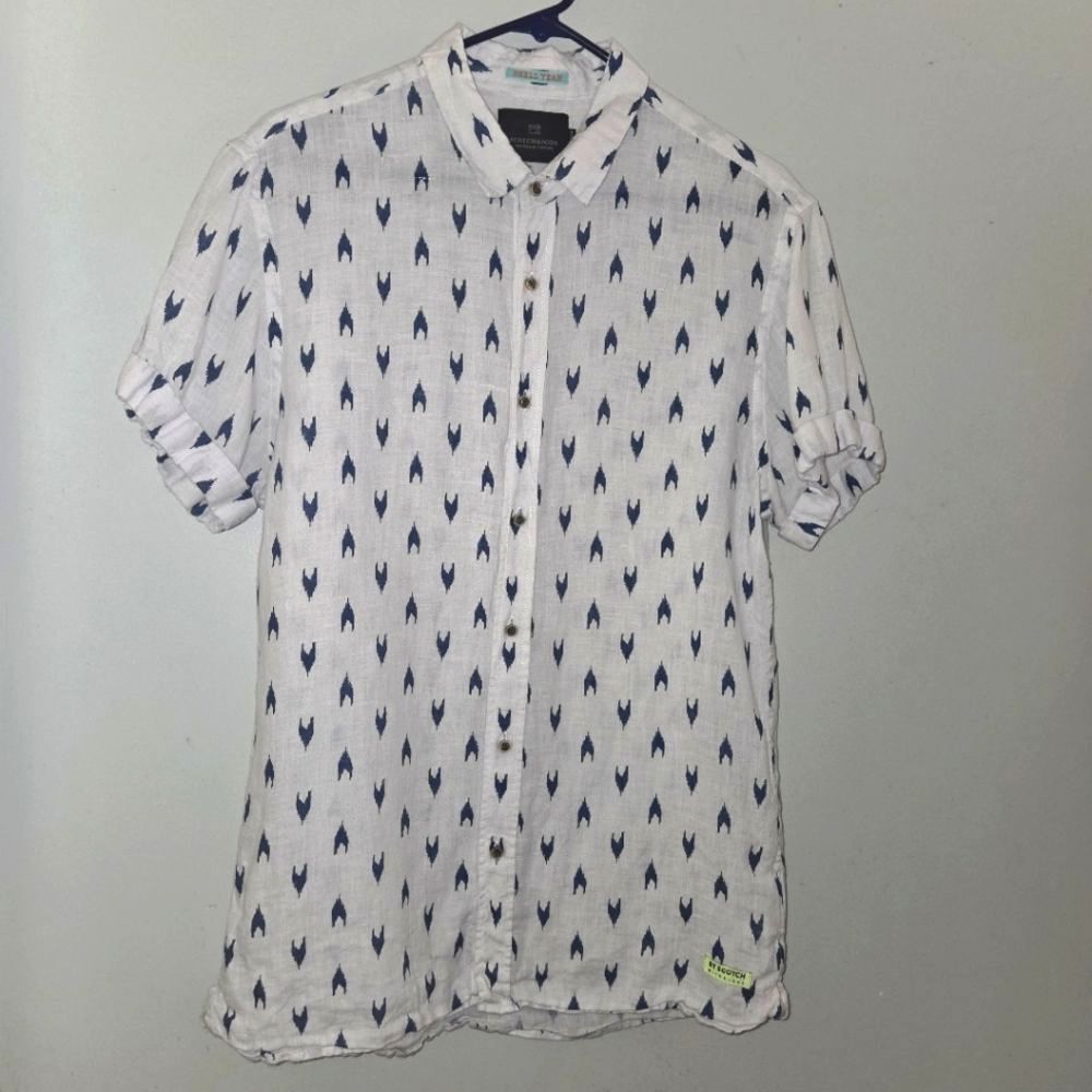 Scotch & Soda Shell Yeah Linen Shell Print Shirt White Navy Blue Large